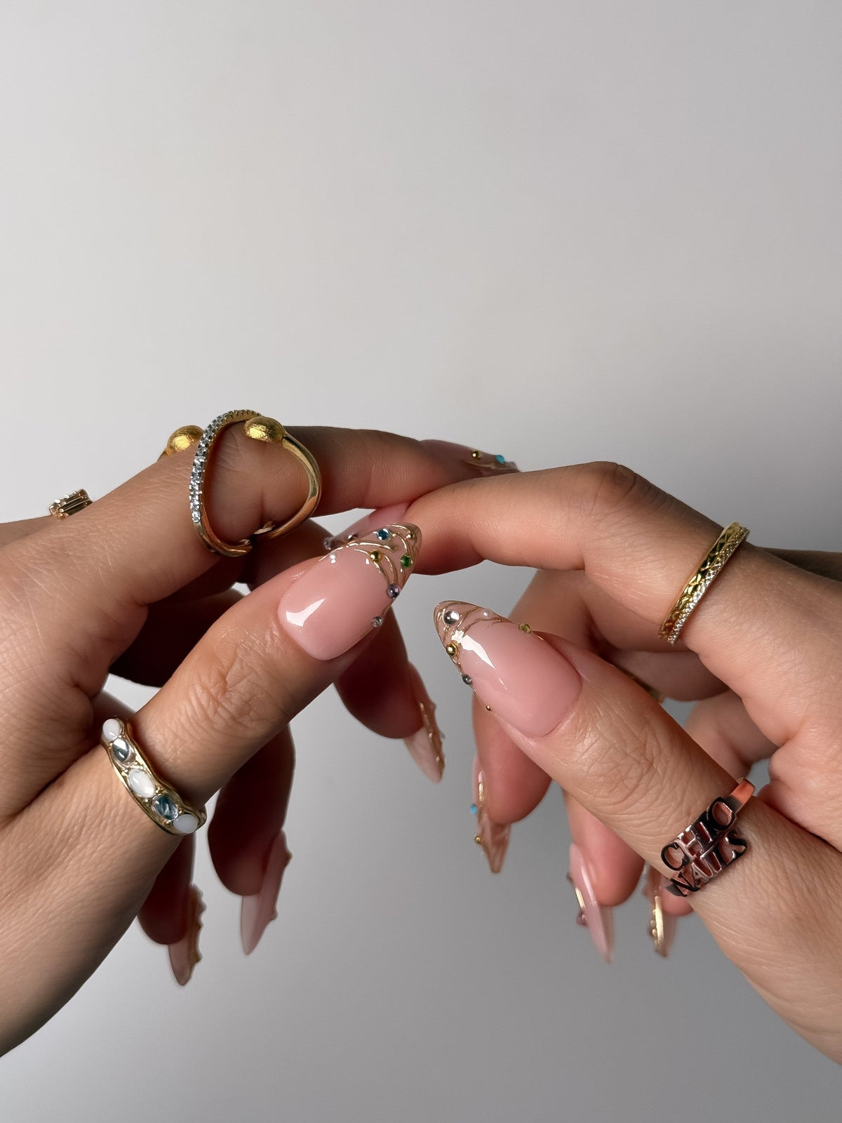 Gold Rhinestone French Press On Nails Medium Almond