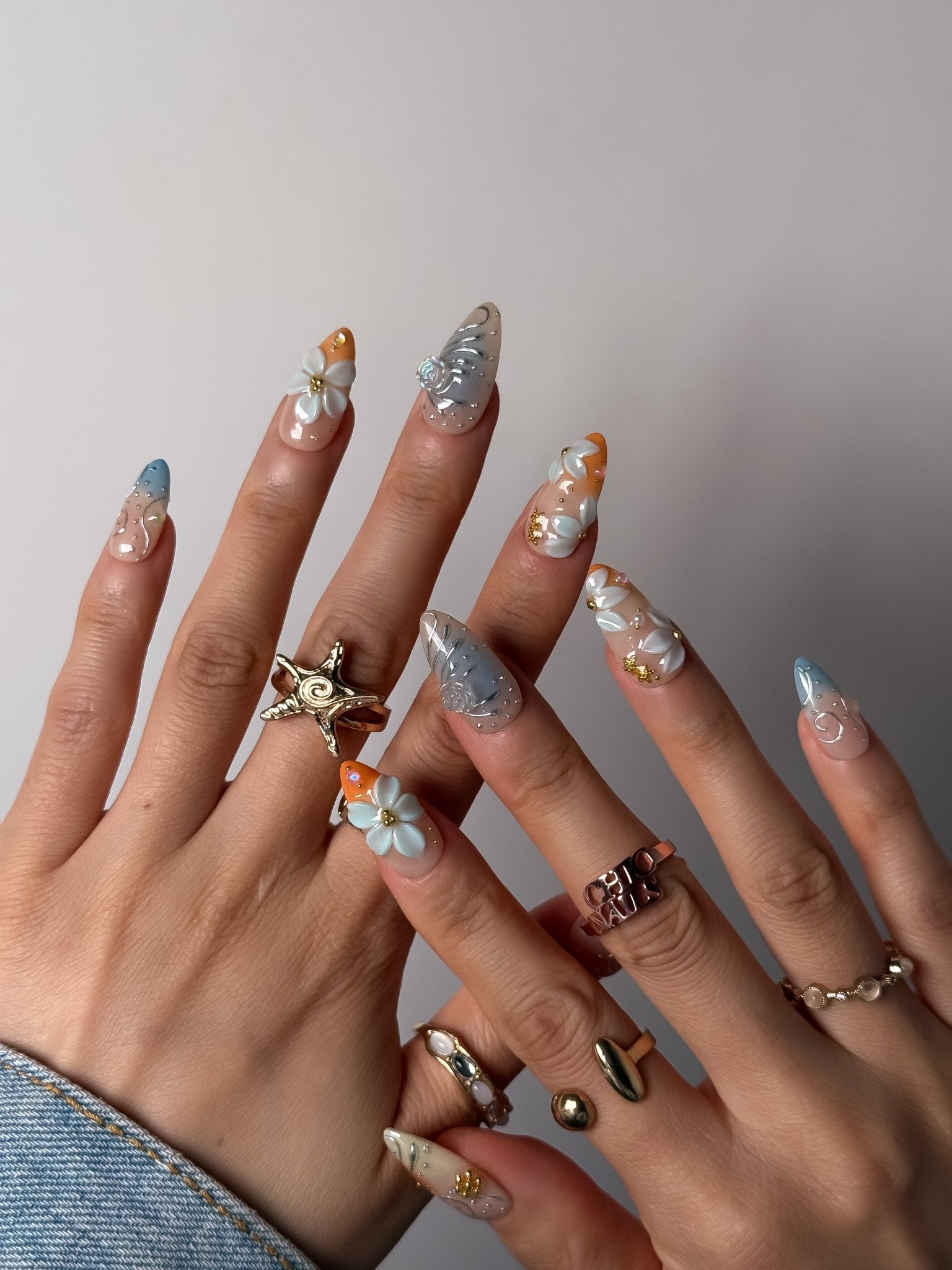 Azure Blossom 3D Floral Press On Nails Medium Almond