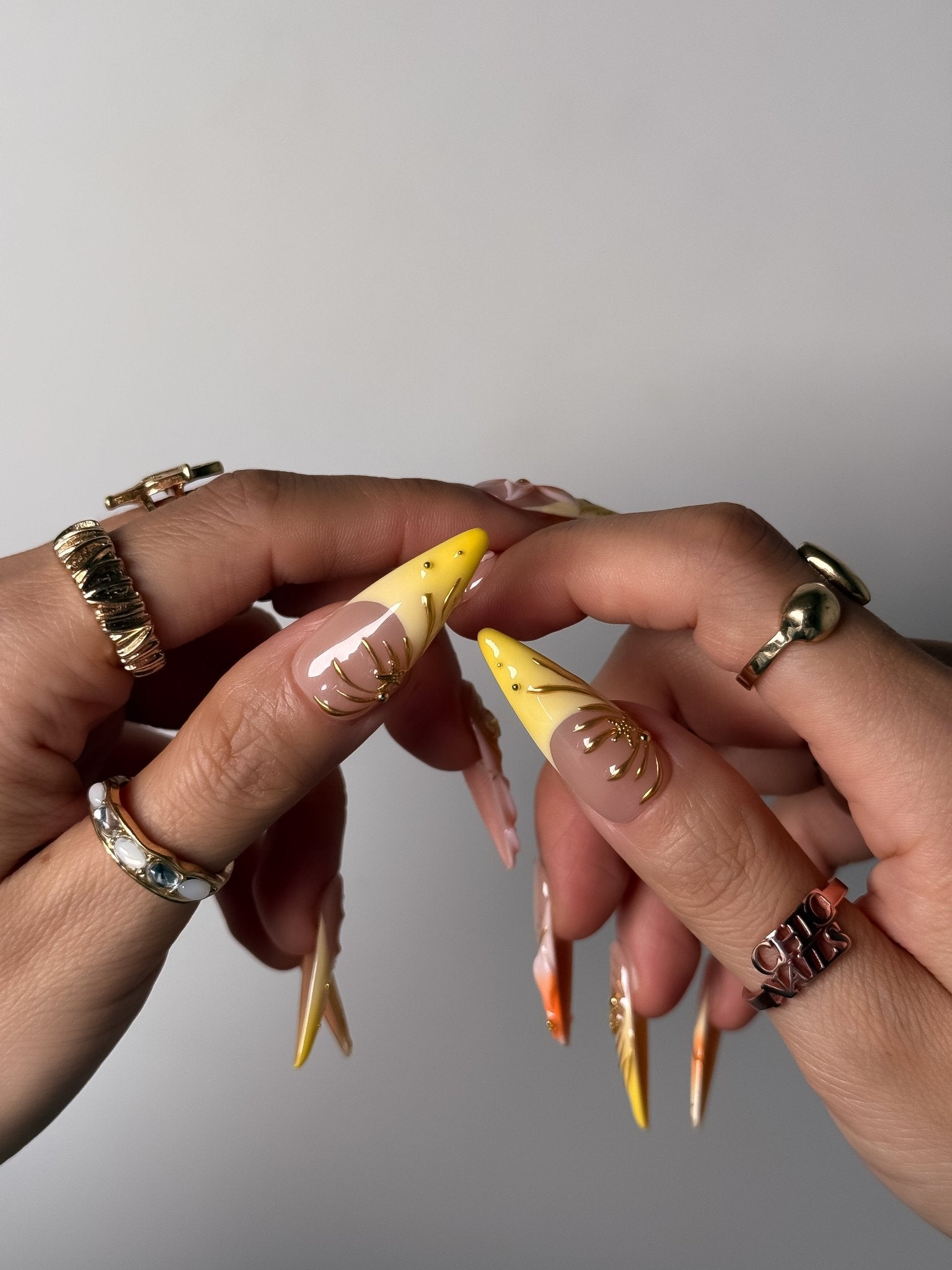Yellow Floral French Press On Nails Long Stiletto