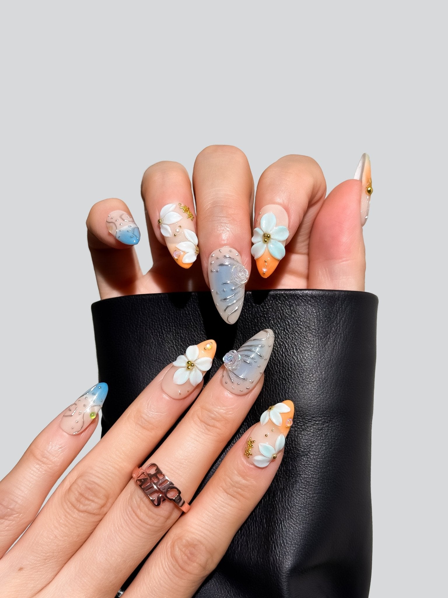 Azure Blossom 3D Floral Press On Nails Medium Almond