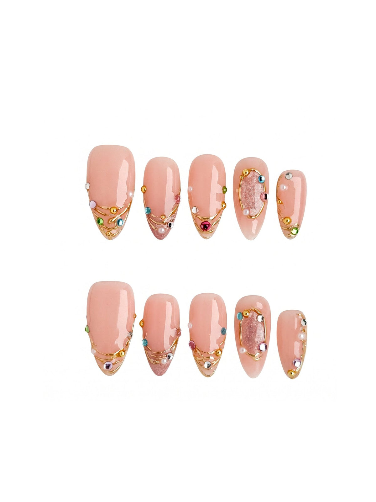 Gold Rhinestone French Press On Nails Medium Almond