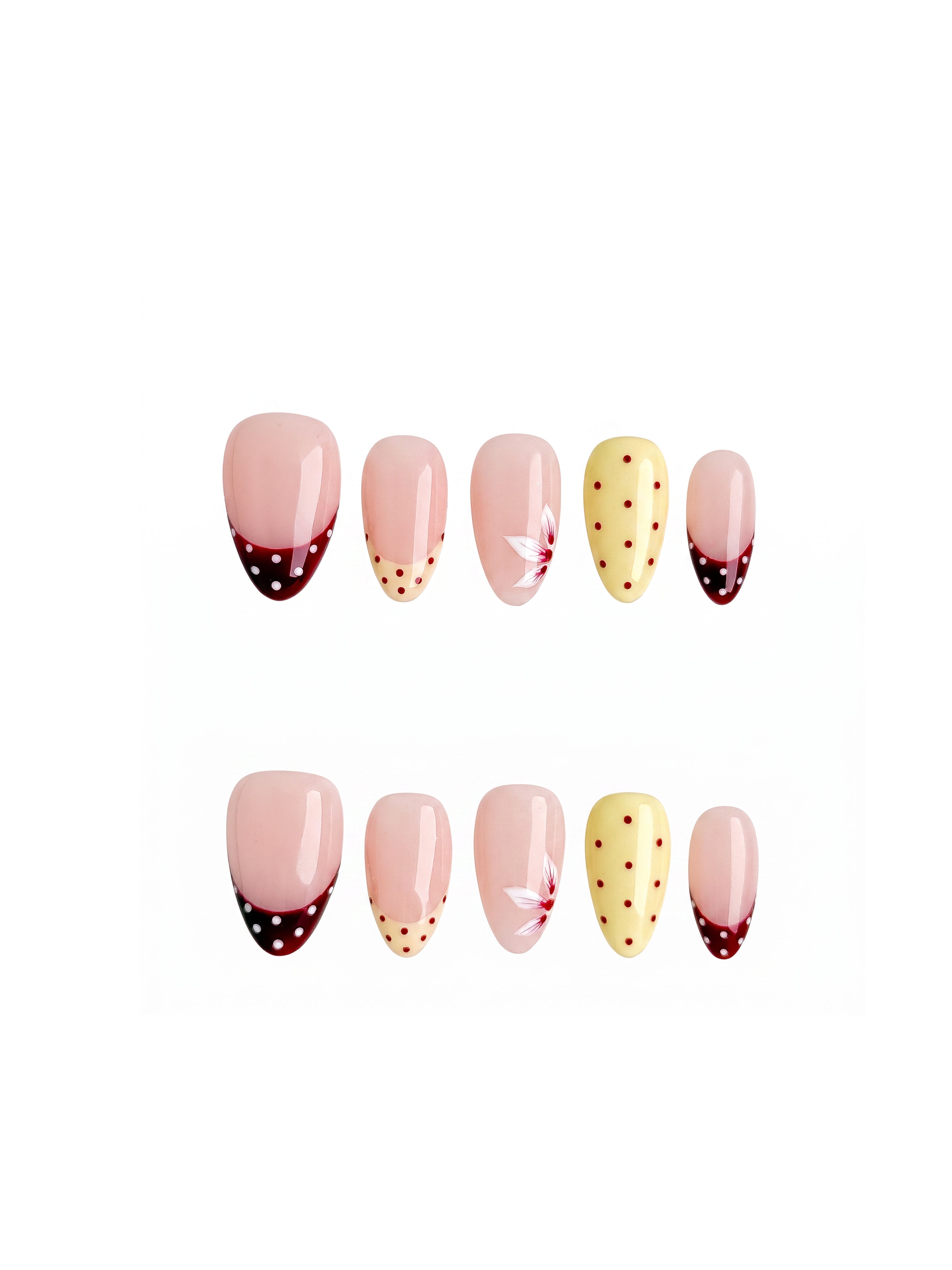Burgundy Yellow Polka Dot Bow Press On Nails Short Almond