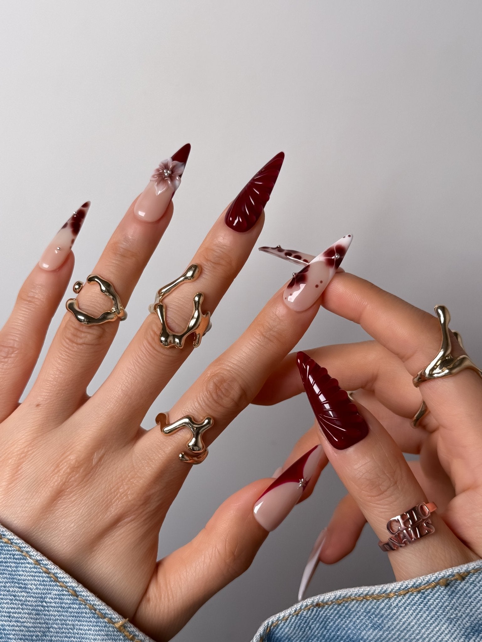 Burgundy Blossom Press-On Nails
