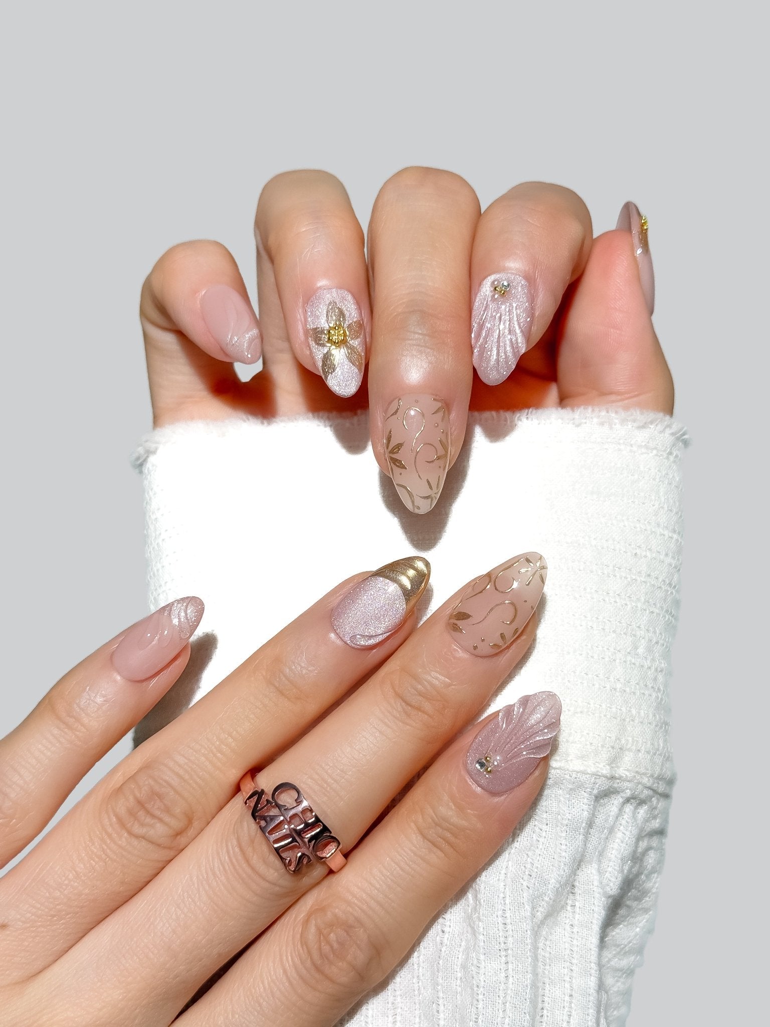 Gold Floral Almond Press-On Nails