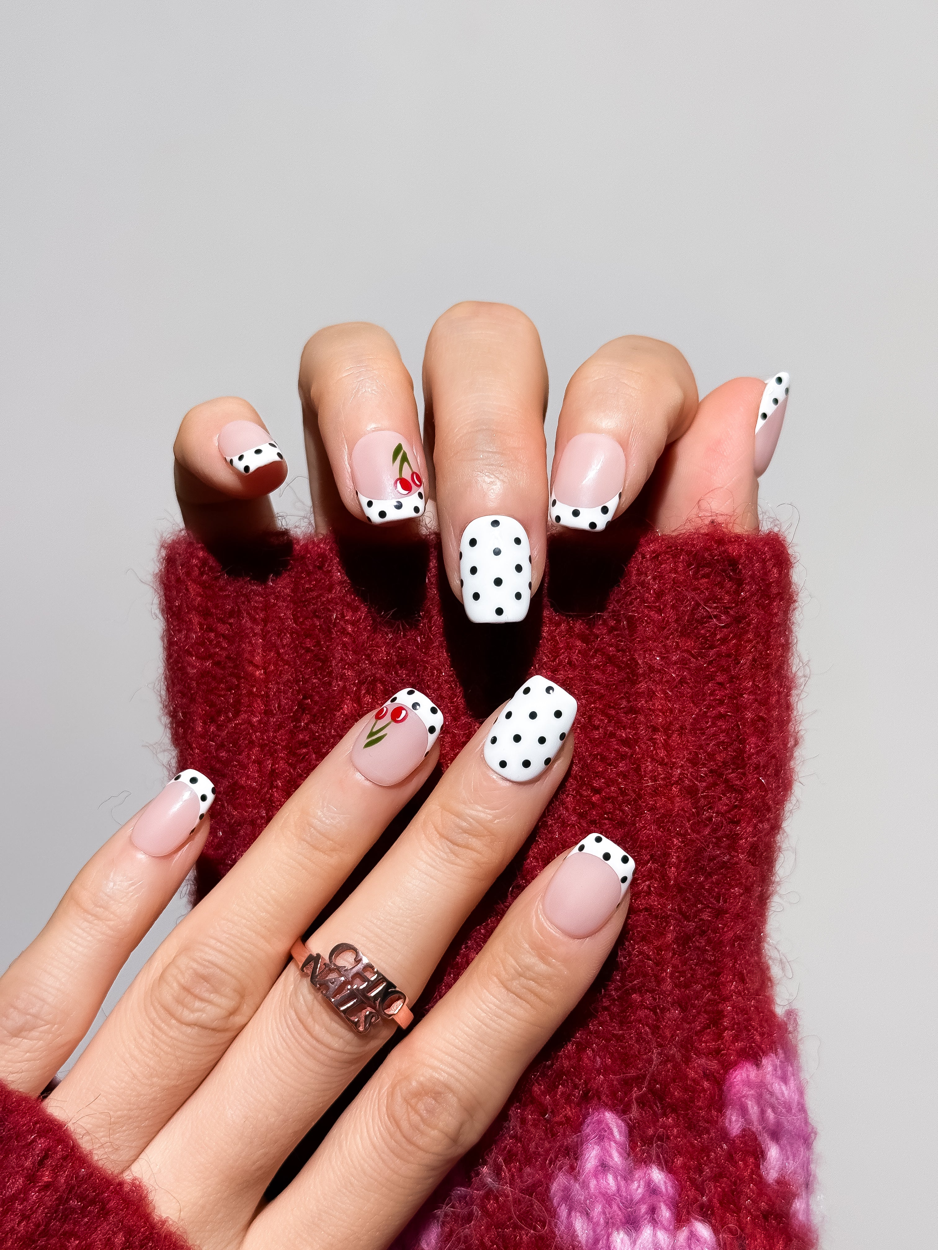 Cherry Polka Dot Press On Nails Extra Short Square