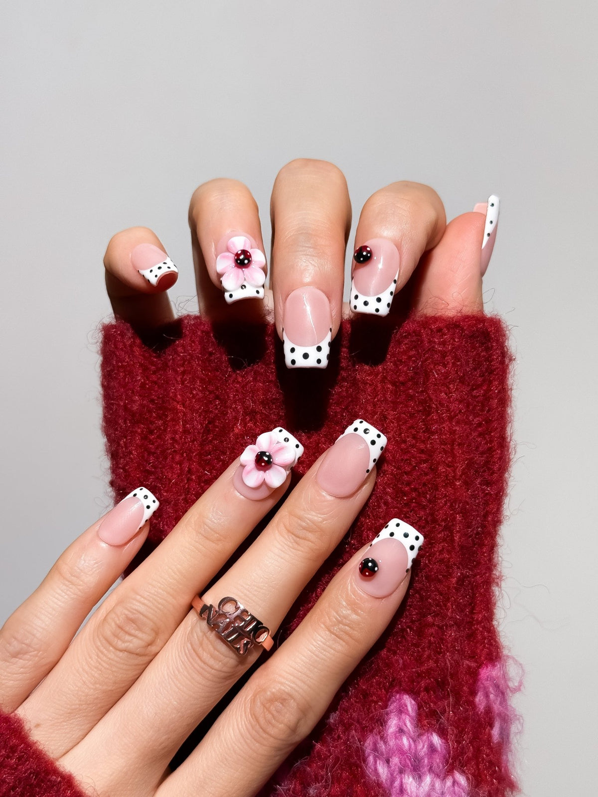 Rosé Ladybird Floral French Press On Nails Short Square