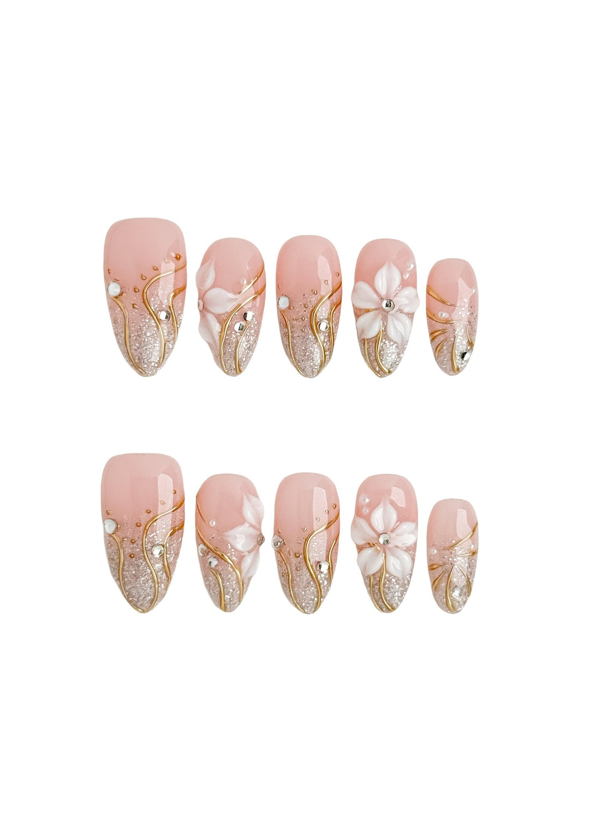 Ivory Éclat 3D Floral Press On Nails Medium Almond