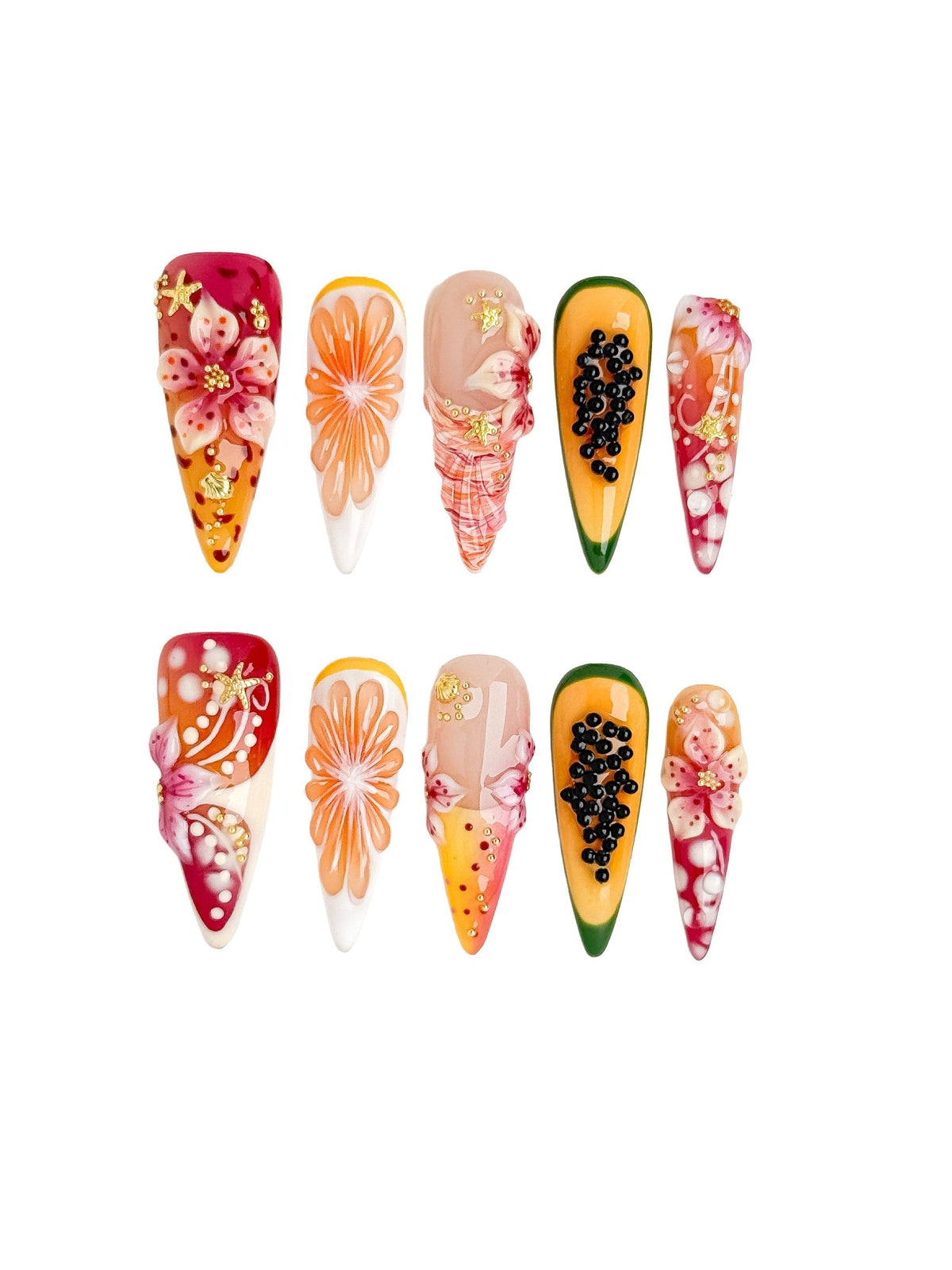 Papaya Fleur Tropical Fruit Press On Nails Long Stiletto