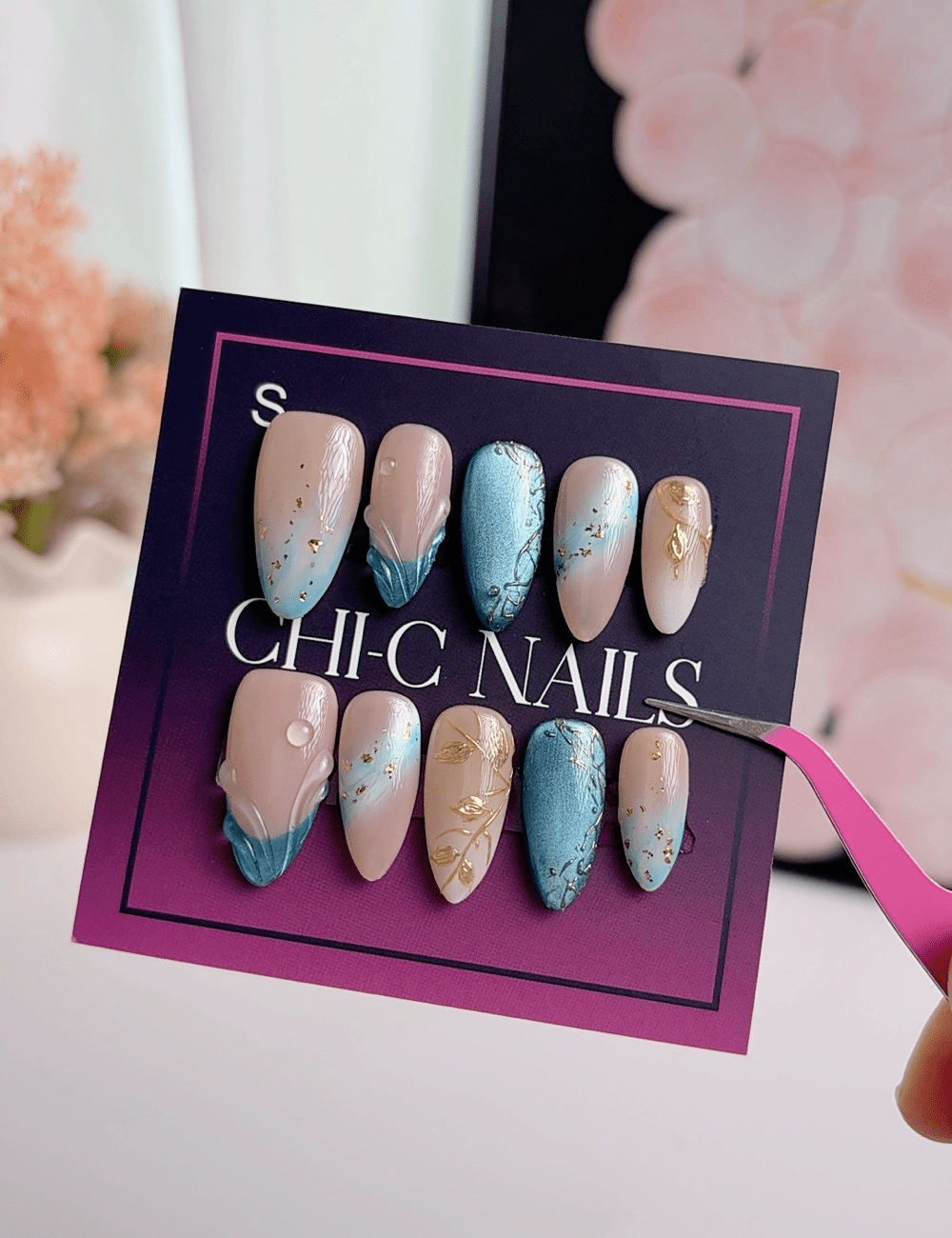 Blue Gold Floral Press On Nails | Nude Almond Nails | Elegant Blue Accent Design | Handmade Press On Nails