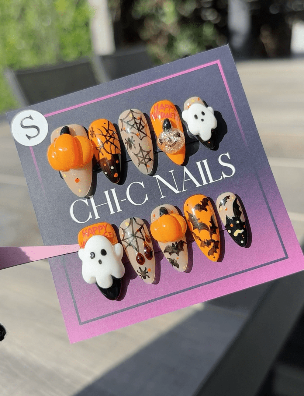 Halloween Pumpkin & Ghost Press-On Nails – Medium Almond with 3D Pumpkin & Spider Webs