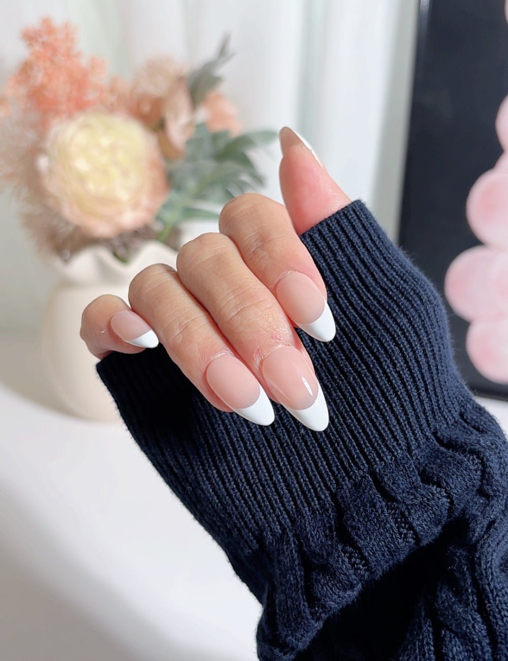Classic White French Medium Almond Nails