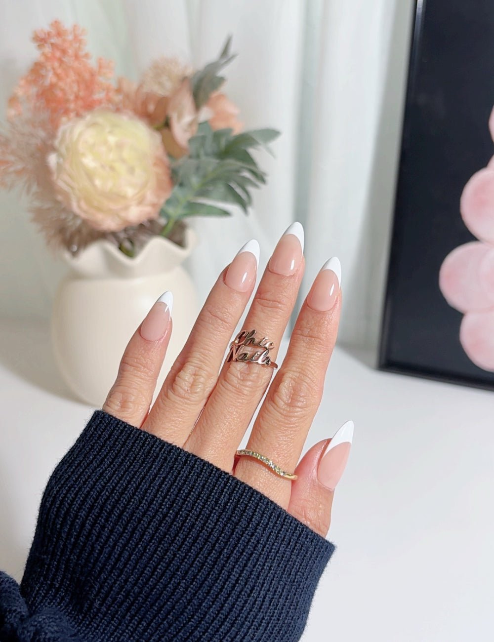 Classic White French Medium Almond Nails