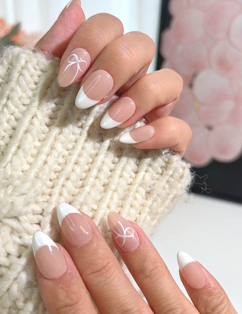 Simple Bow Press-On Nails – Classic Nude & White with Ribbon Accent