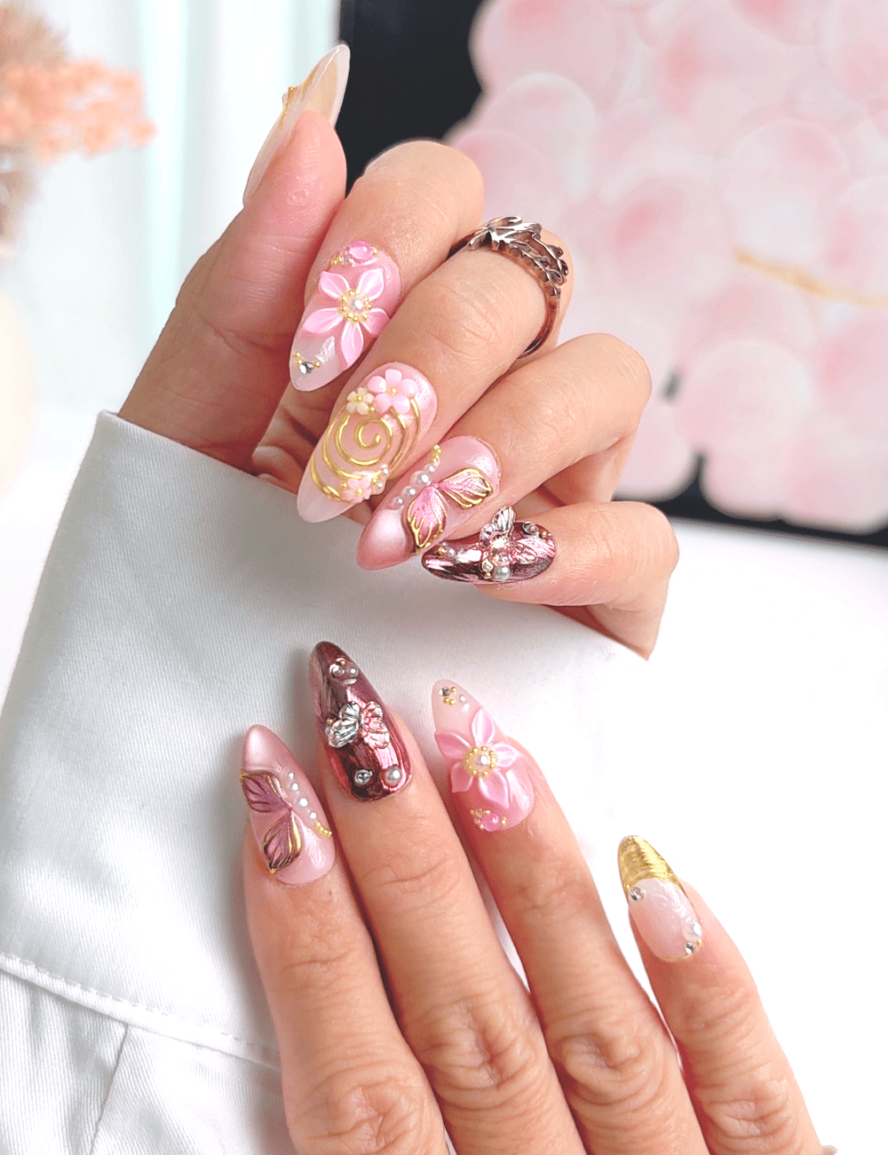 Luxury 3D Flower Press On Nails – Medium Almond Pink Gold Butterfly Design