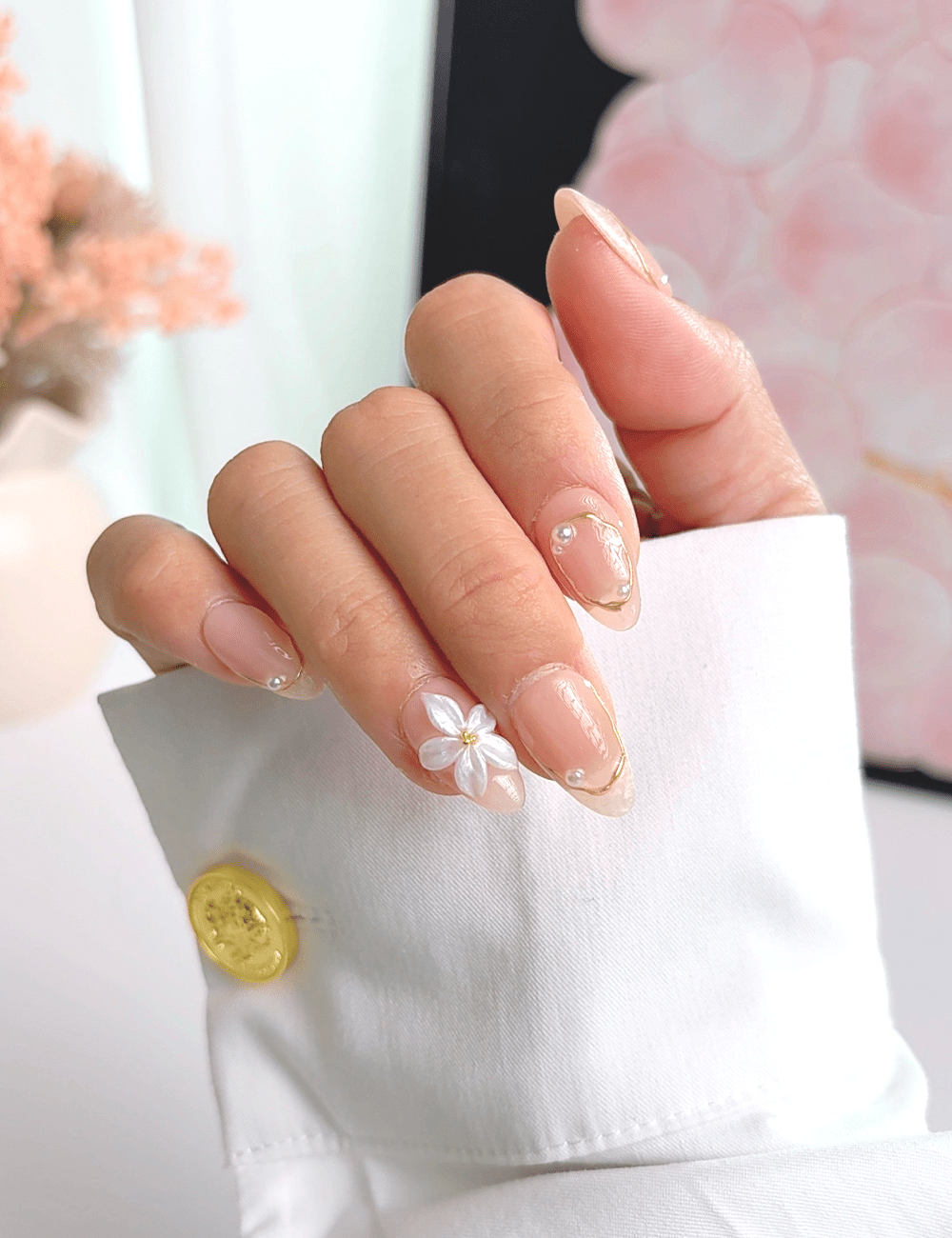 Gold Floral French Press On Nails | Nude Short Almond Nails | Elegant Pearl Gold Design | Handmade Press On Nails