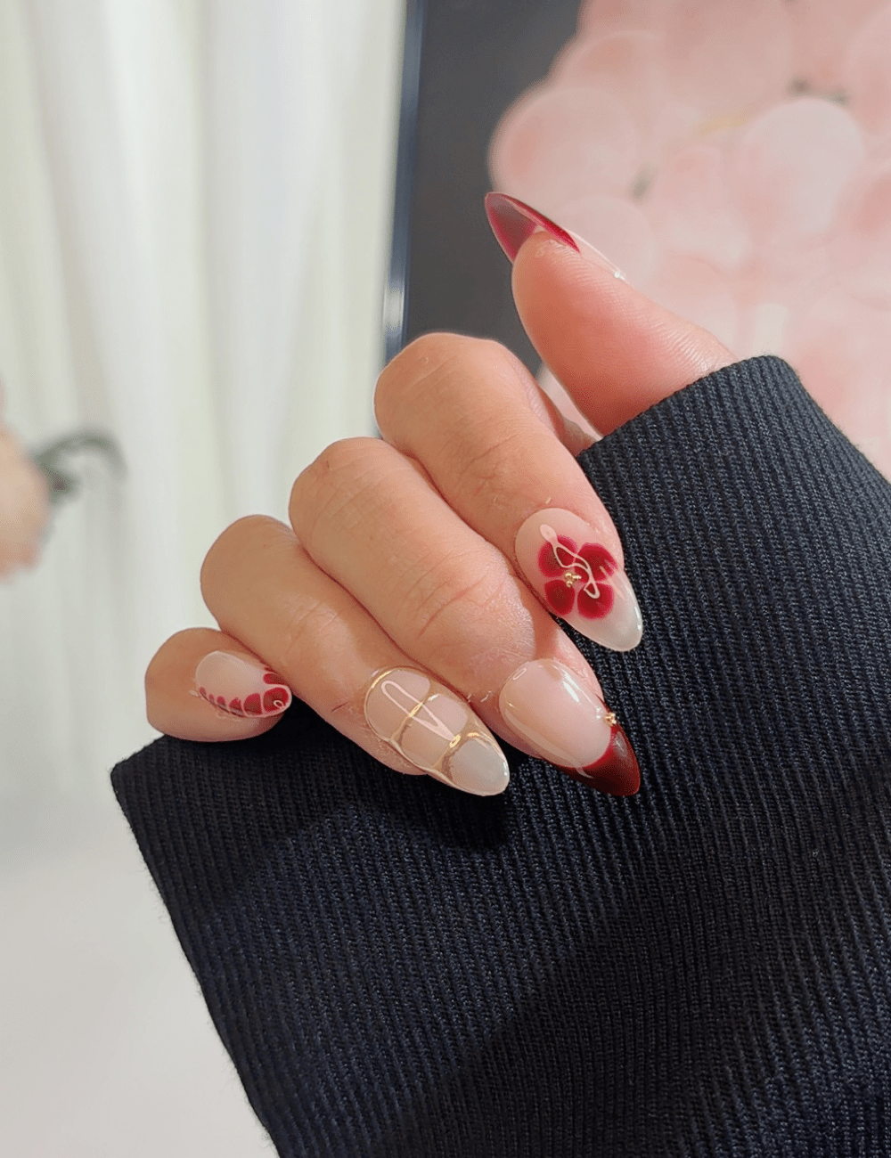 Burgundy Floral French Press-On Nails | Medium Almond
