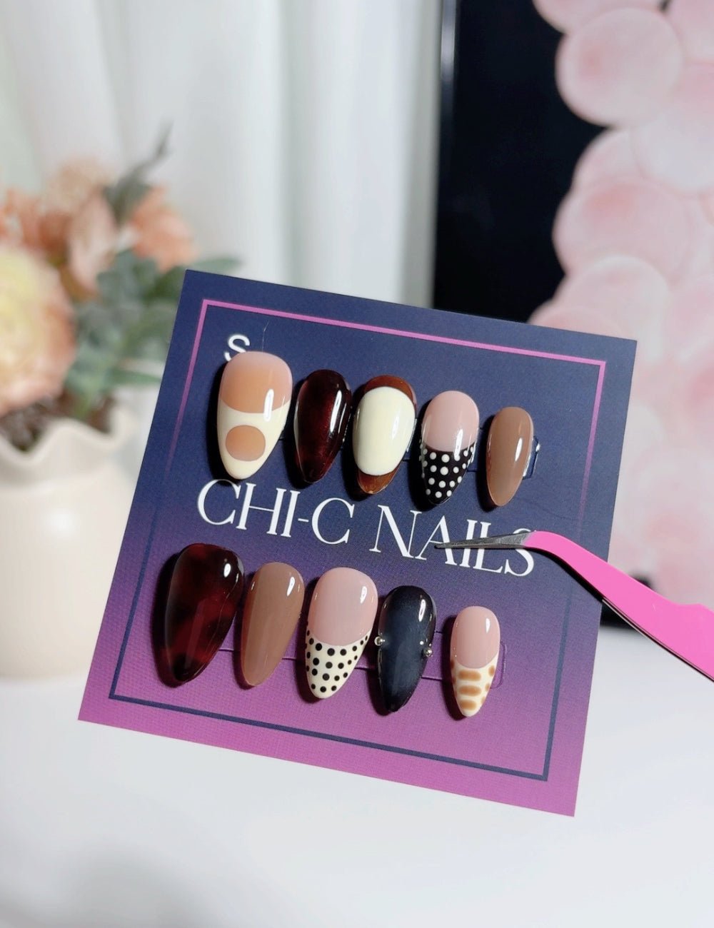 Tortoiseshell & Monochrome Medium Almond Nails