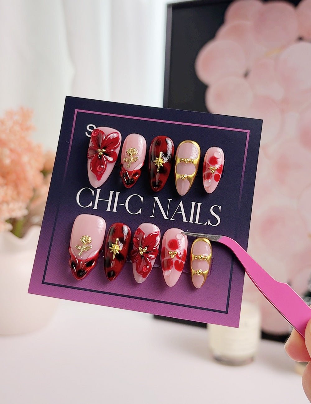 Red Floral Press On Nails with Glue, Medium Almond, Handmade 3D Flower Nails, Gold Detail Artistic Nails