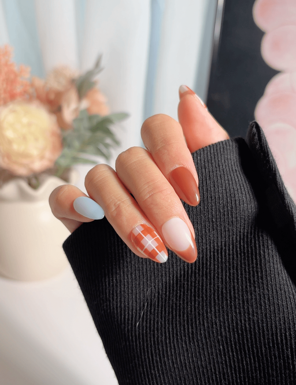 Terracotta Gingham & French Tip Press On Nails | Autumn Harvest Edition