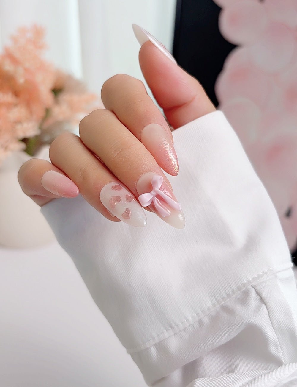 Pink Heart Press-On Nails | Short Almond Romantic Handmade Set