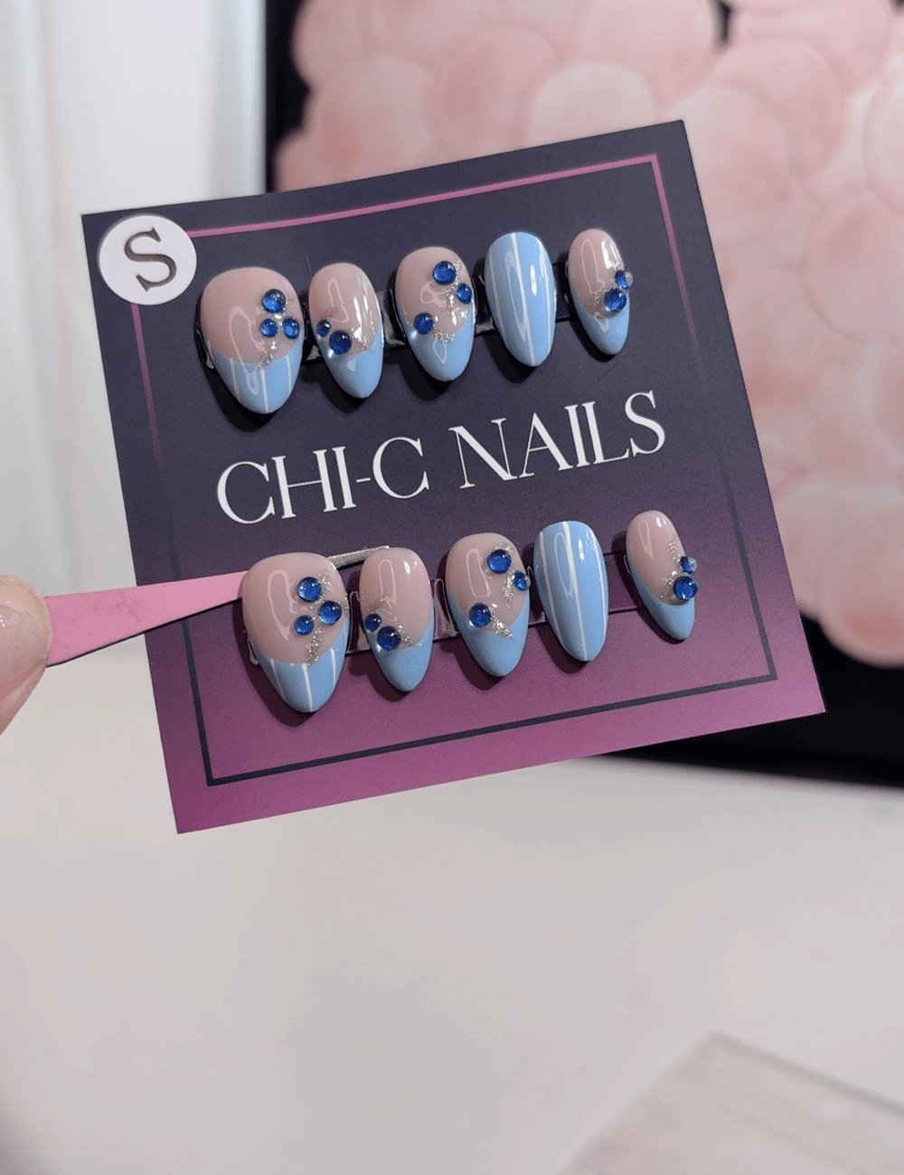 Short Nude & Blue Rhinestone Press-On Nails – Two-Tone Almond Designawa