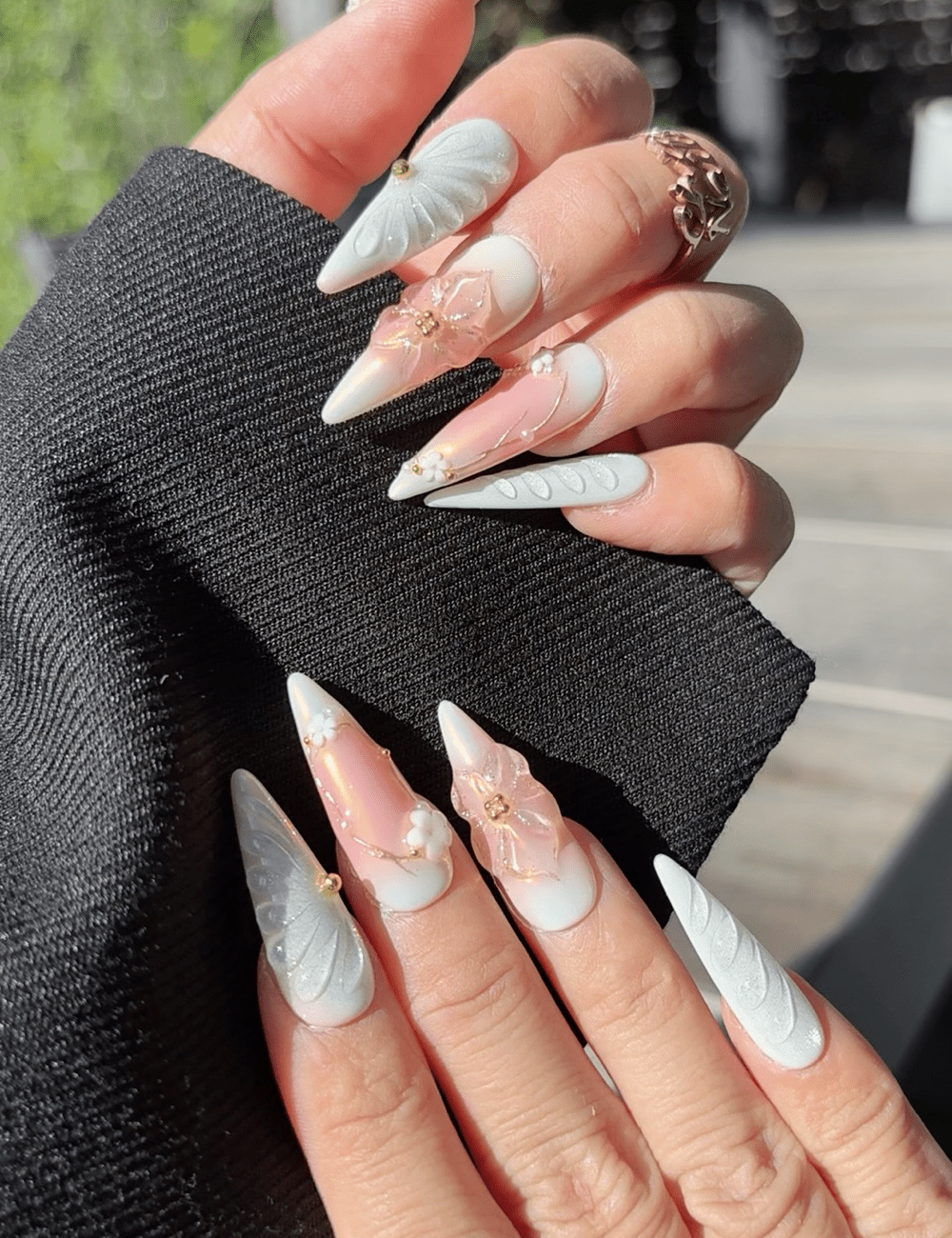 3D Butterfly & Floral Press-On Nails – Long Stiletto Pearl White with Gold Accents