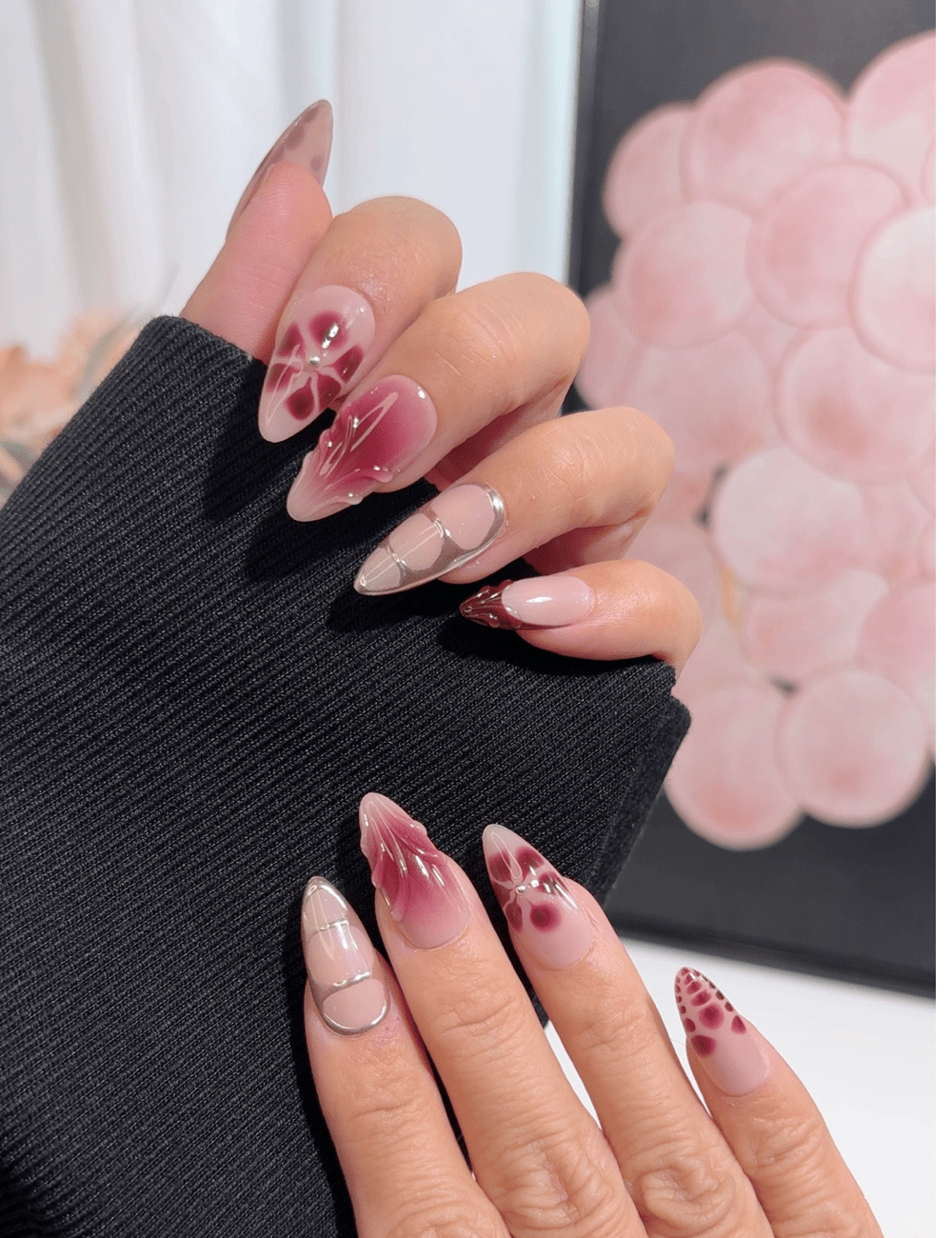 Medium Floral Art Press-On Nails – Burgundy Petal & Silver Line Design