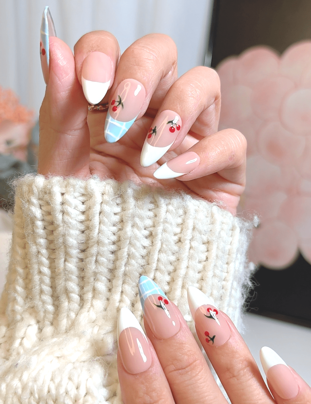 Cherry French & Gingham Tips – Medium Almond