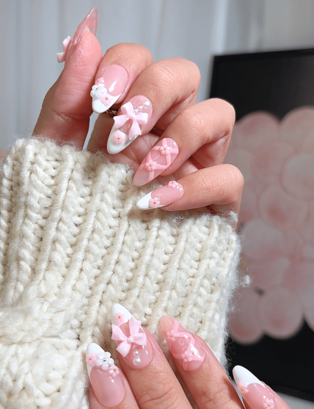 Pink Bows & Blossoms | Short Almond Press-On Nails