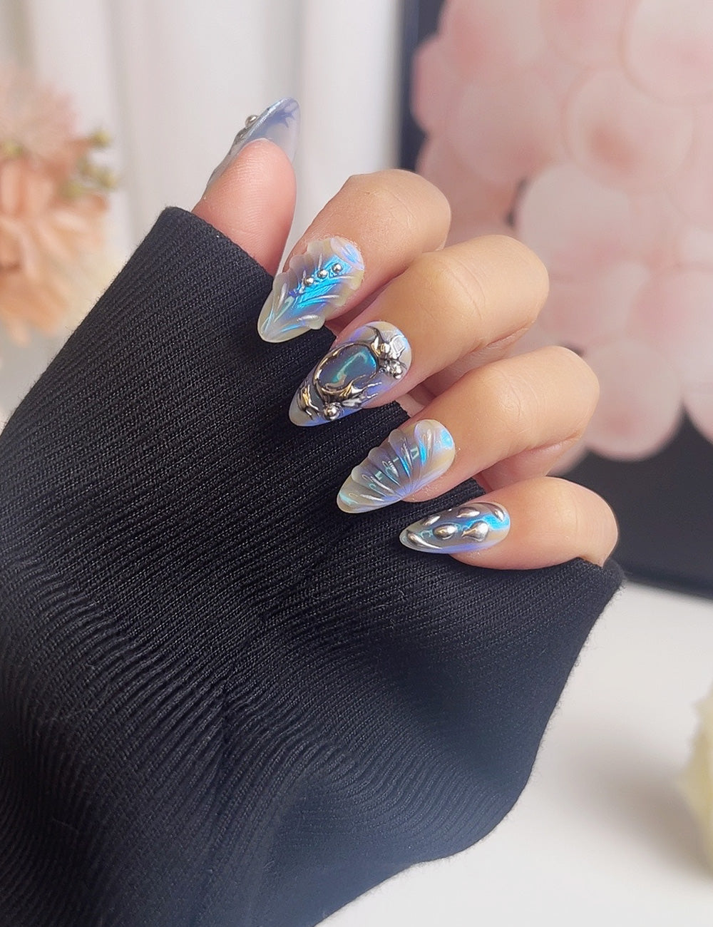 Crystal Mirage – 3D Iridescent Chrome Press-On Nails