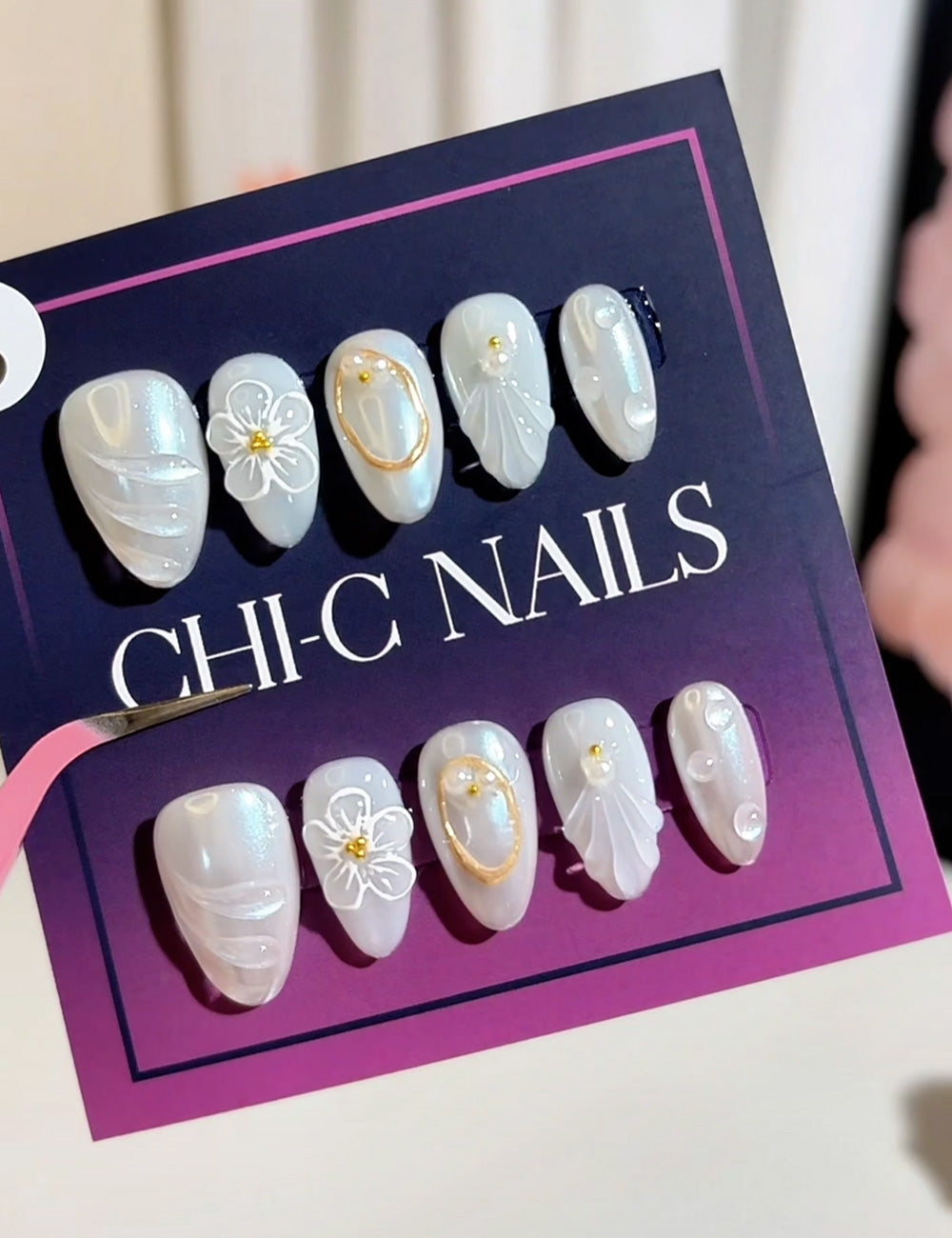 Pearl Veil Press-On Nails – White 3D Florals with Aurora Shine