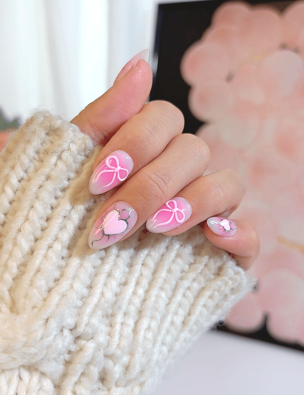 Pink Bow & Heart Press-On Nails – Short Almond | 3D Cute Design