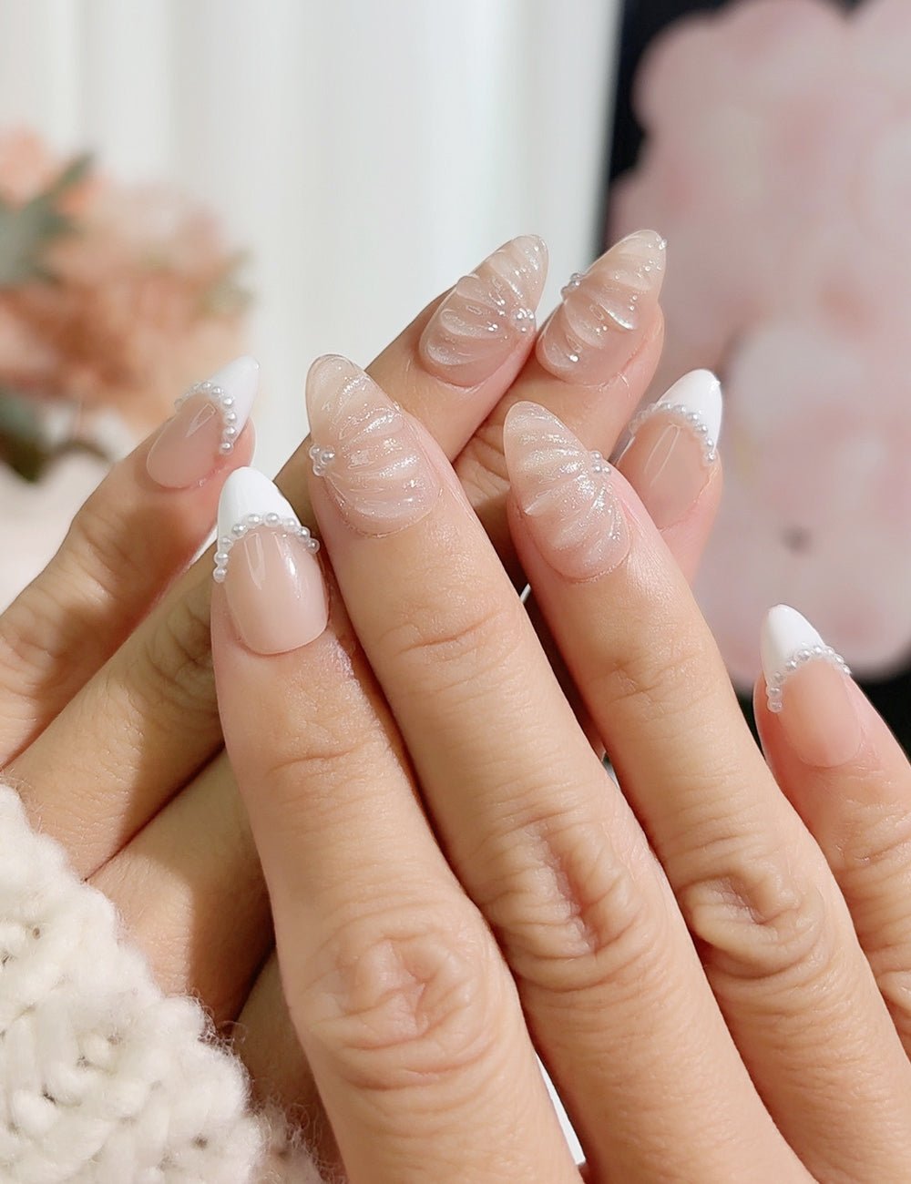 Pearl Sculpt Press-On Nails – Nude French with 3D Shell & Pearl Chains