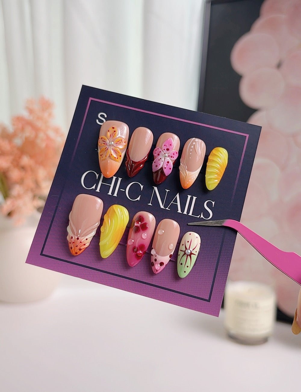 Colorful Floral Press On Nails, Medium Almond, Handmade Jelly Nails, Artistic Statement Fake Nails