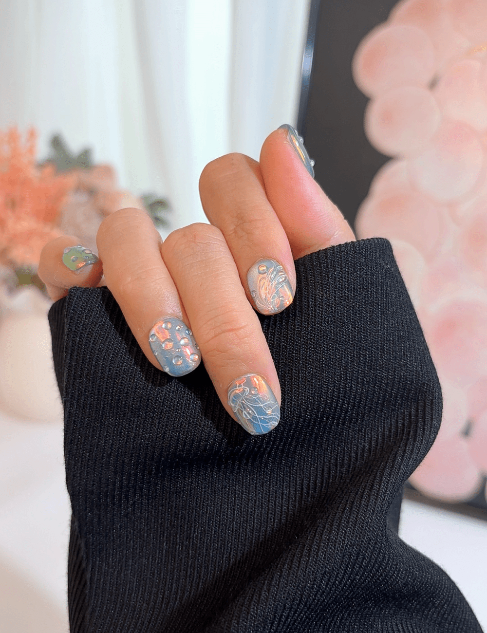 Holographic Waterdrop Press-On Nails – Extra Short Oval | Iridescent & Reusable
