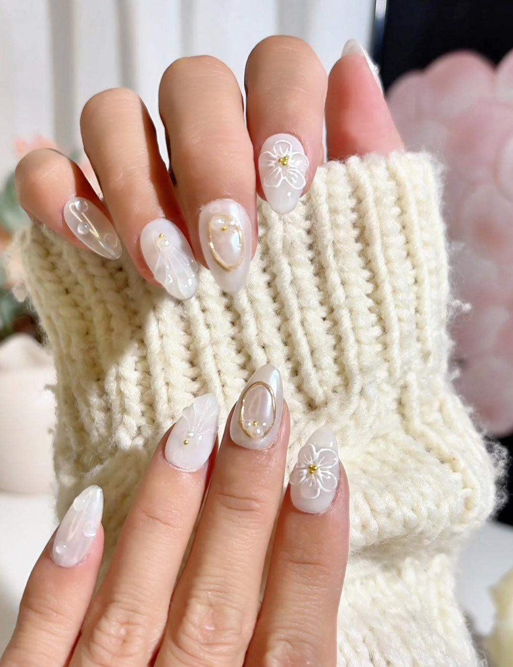 Pearl Veil Press-On Nails – White 3D Florals with Aurora Shine
