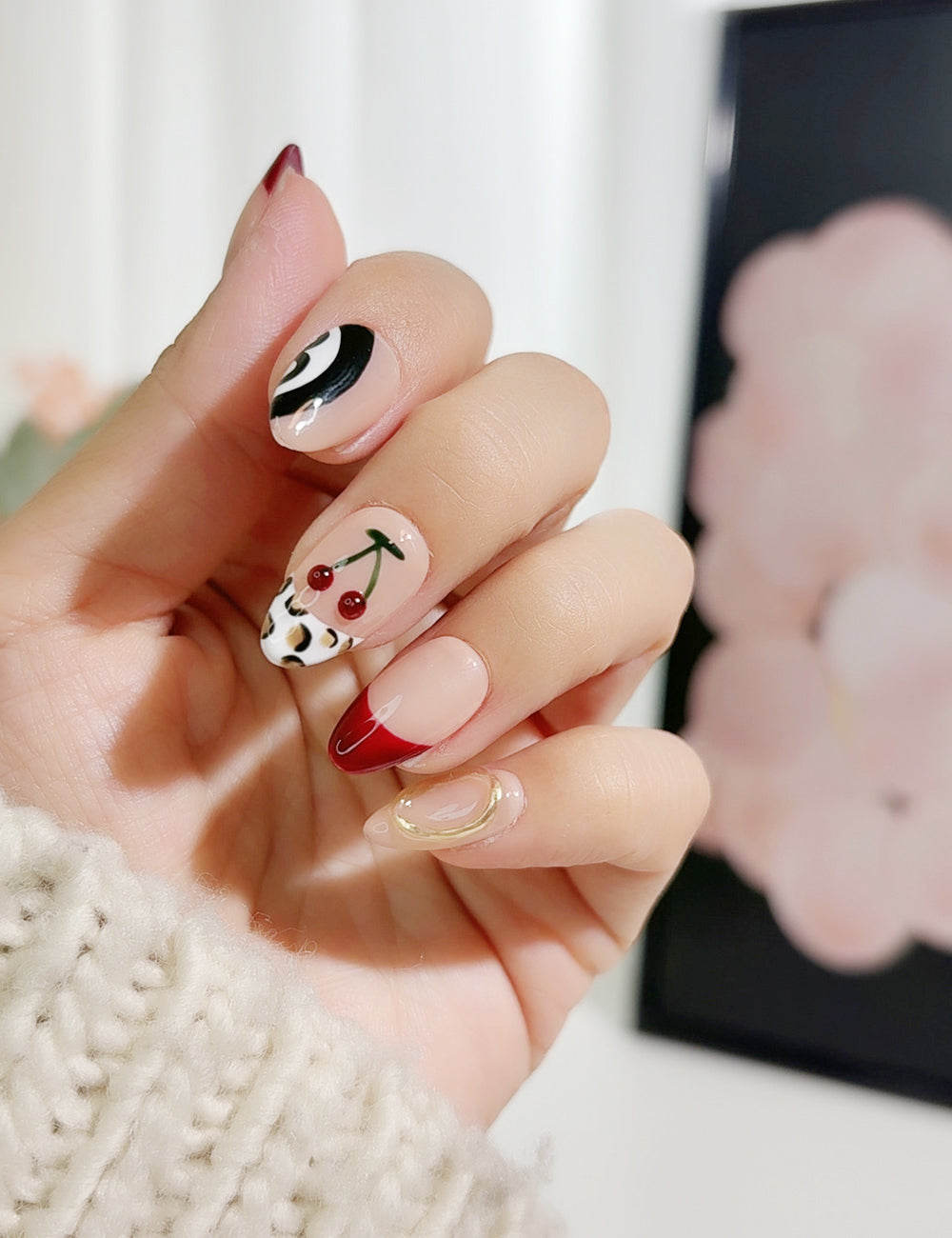 Cherry Jungle Press-On Nails – Leopard, Zebra, Cherry & Red French Tips