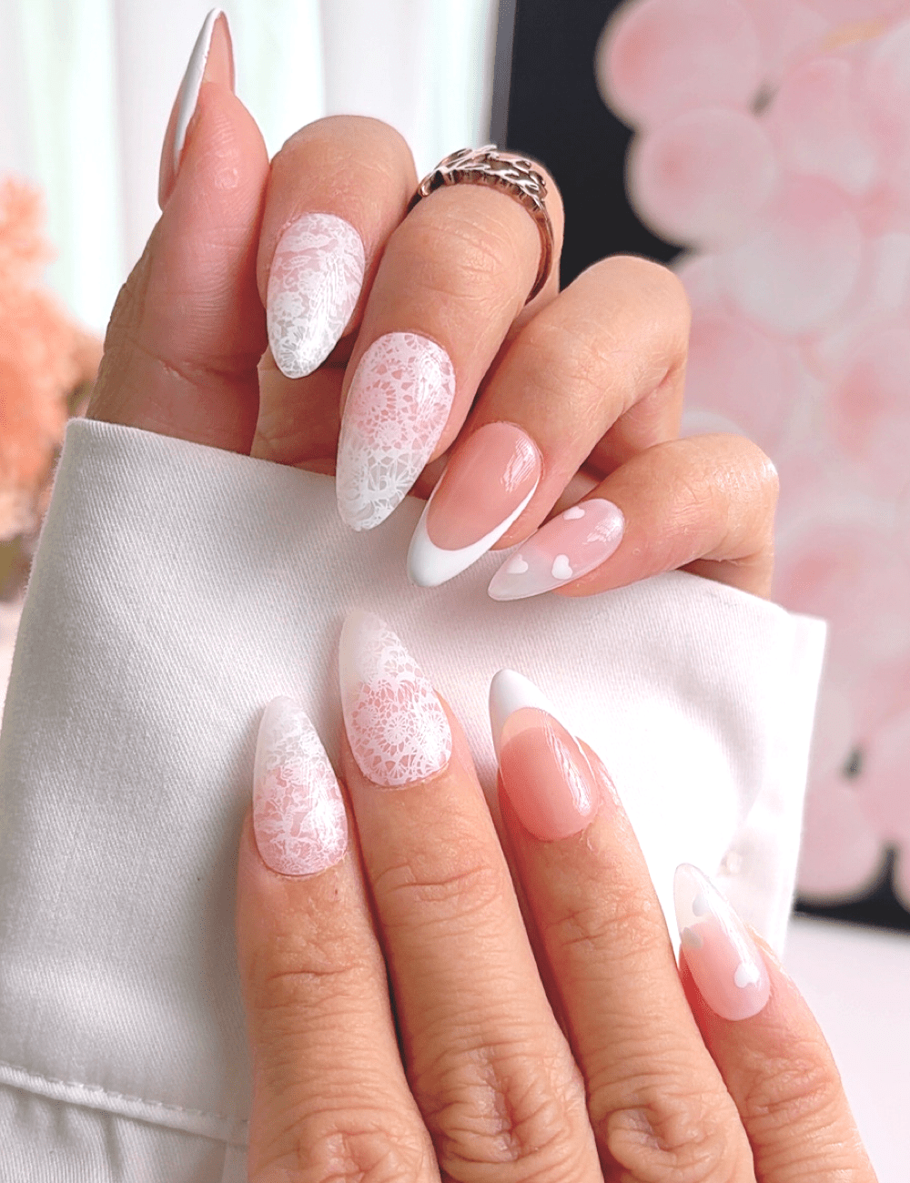 Valentine Lace French Press On Nails – Medium Almond Pink & White Heart Nails