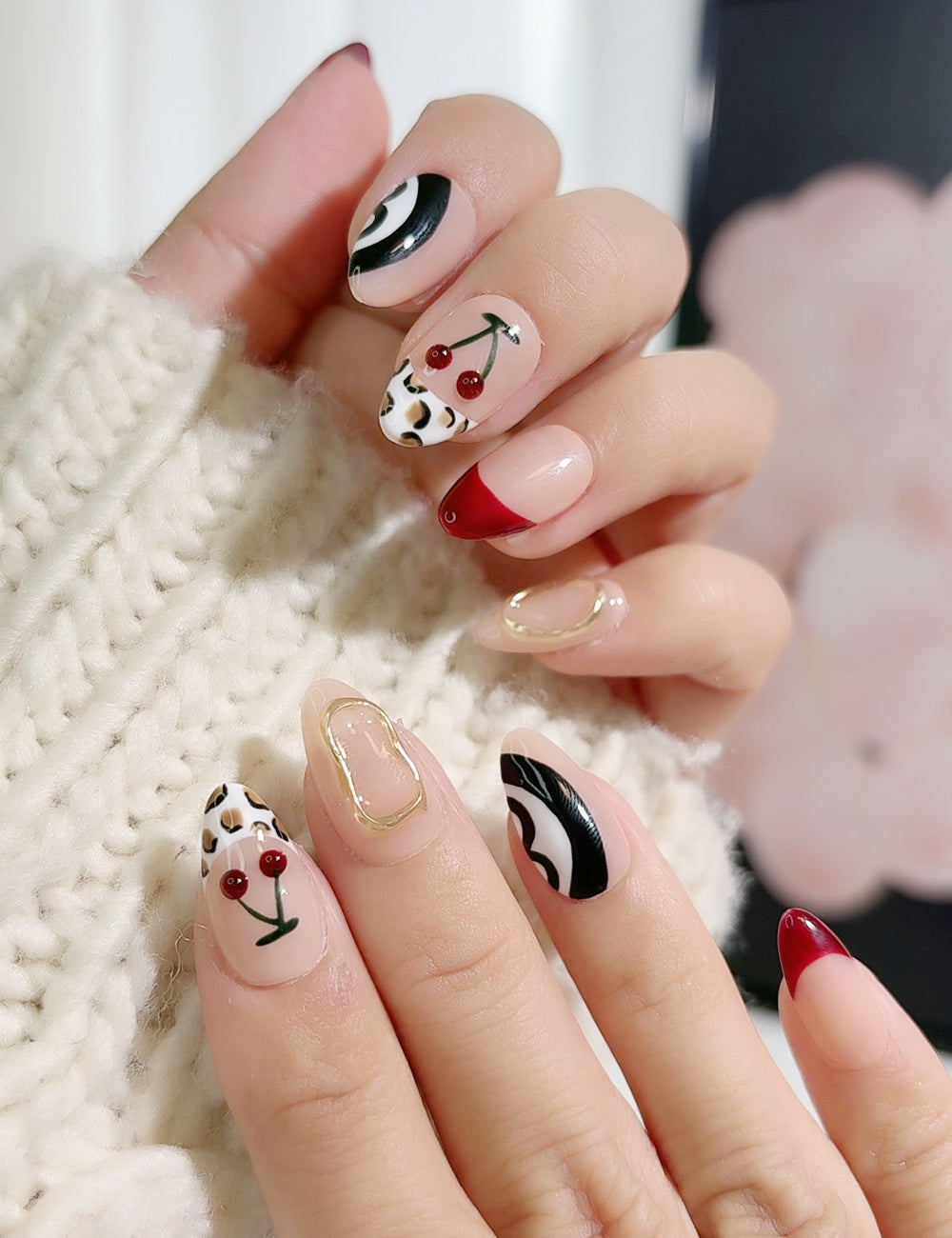 Cherry Jungle Press-On Nails – Leopard, Zebra, Cherry & Red French Tips