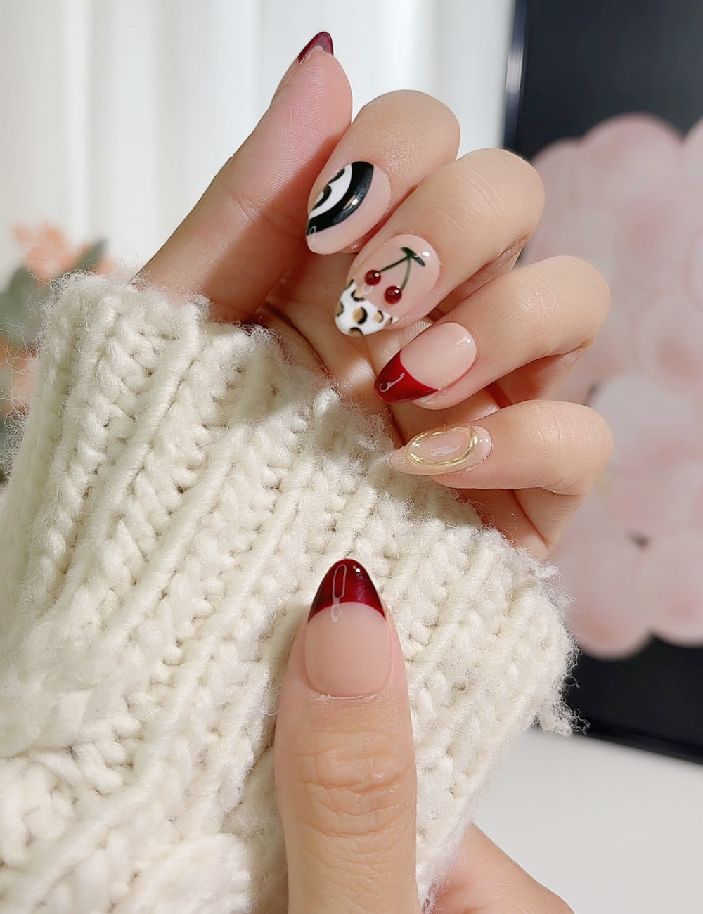 Cherry Jungle Press-On Nails – Leopard, Zebra, Cherry & Red French Tips