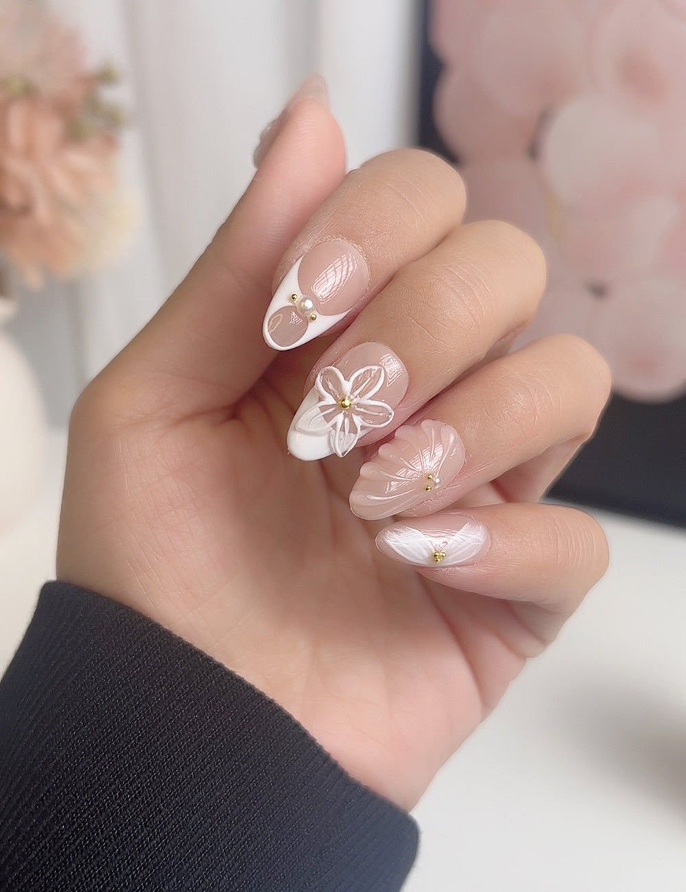 Pure Elegance – 3D White Floral Press-On Nails