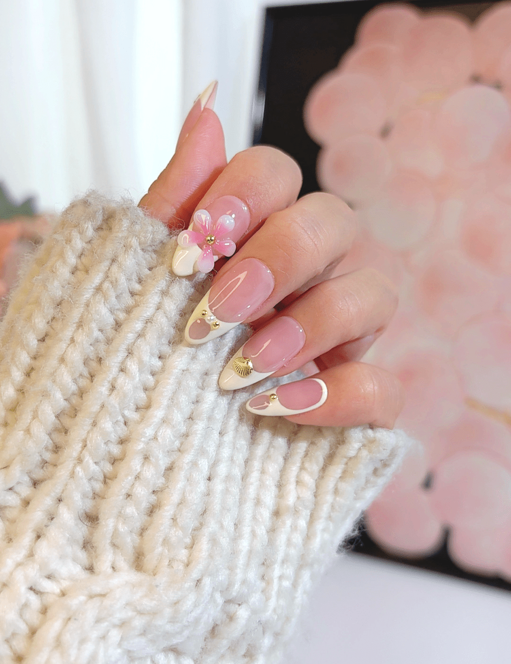 3D Flower French Press-On Nails – Medium Almond | Elegant Pink & White Design