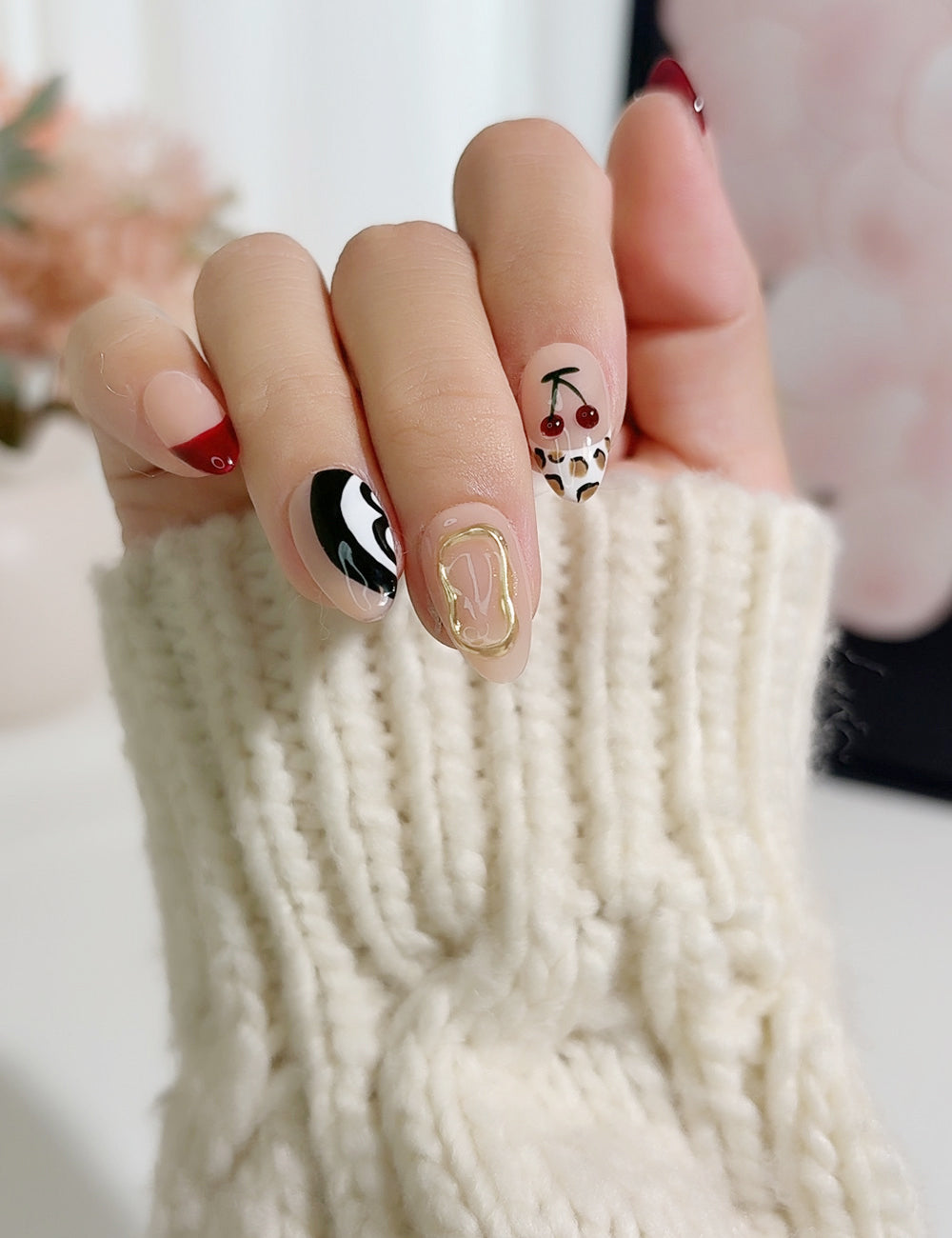 Cherry Jungle Press-On Nails – Leopard, Zebra, Cherry & Red French Tips