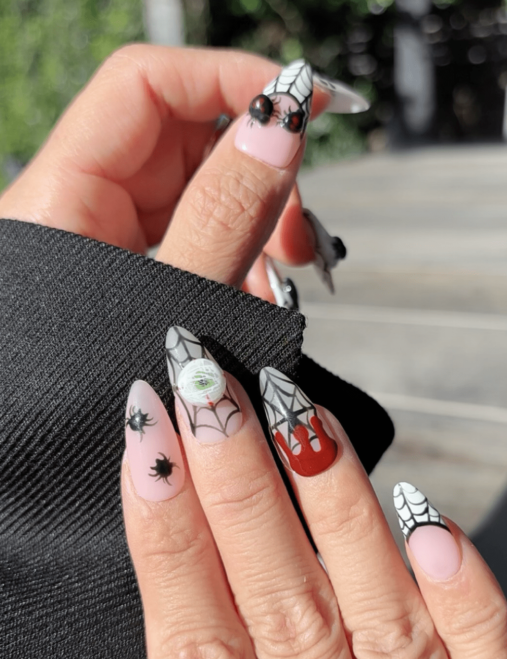 Halloween Spider Web Press-On Nails – Medium Almond with 3D Spiders & Blood Drip