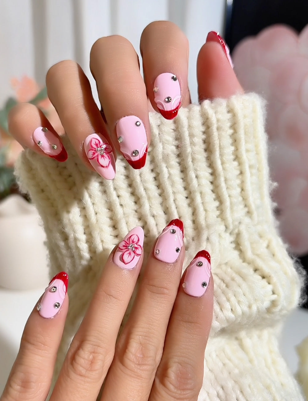 Sweetheart Bow Press-On Nails – Pink & Red French with 3D Ribbon Charm