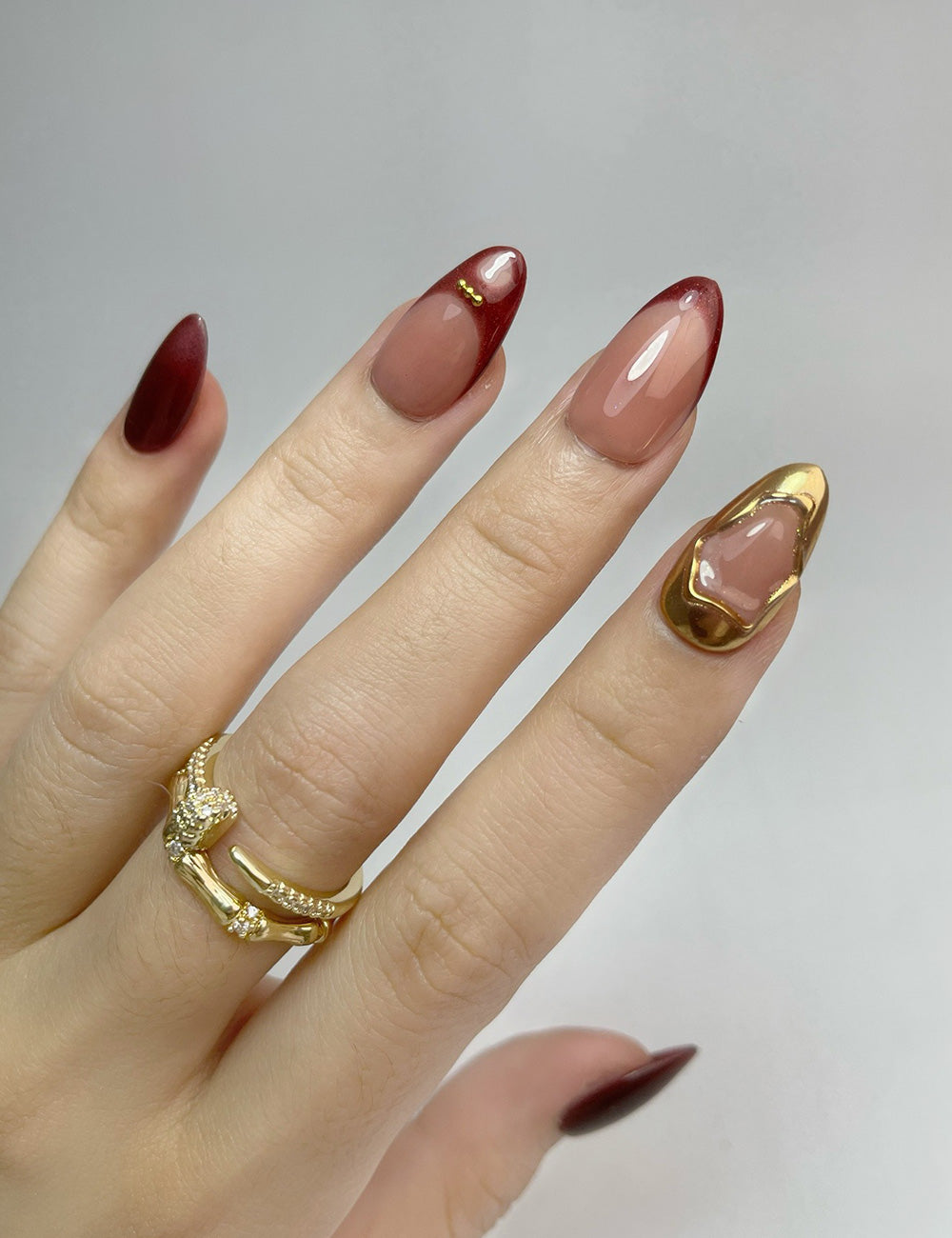 Crimson Charm Press-On Nails – Deep Red & Gold Accent Elegance