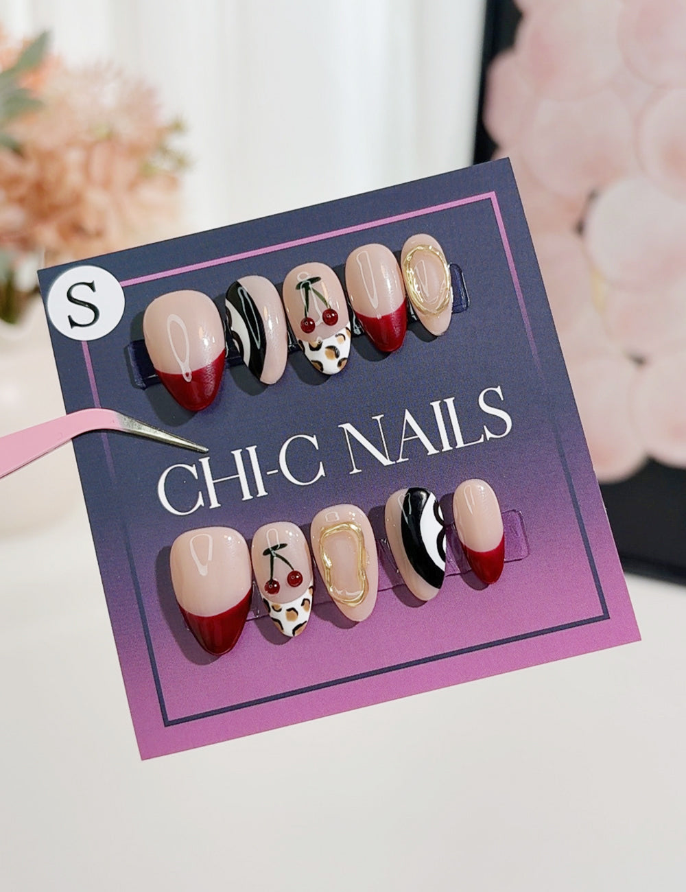 Cherry Jungle Press-On Nails – Leopard, Zebra, Cherry & Red French Tips