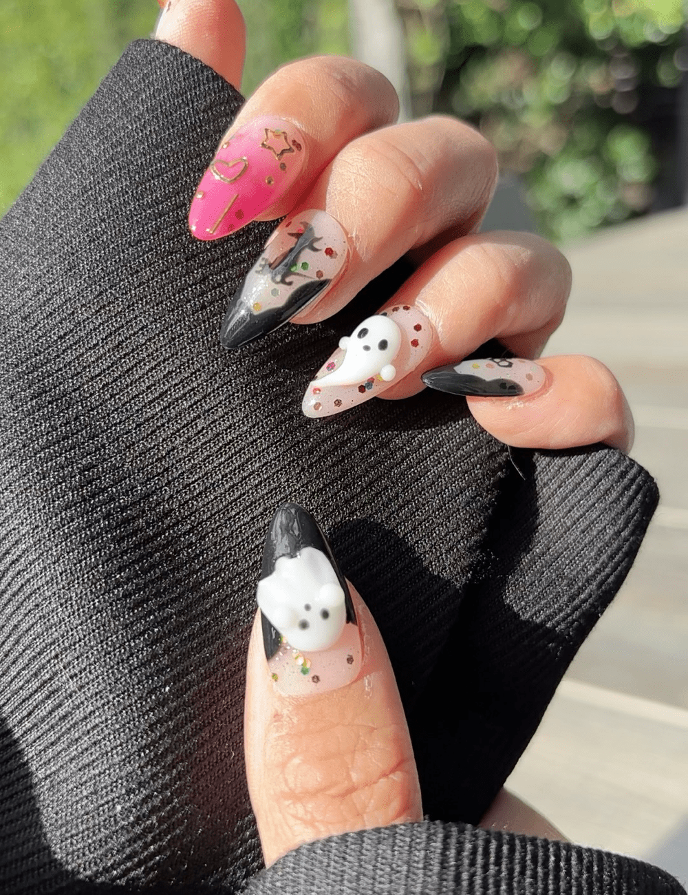 Pink & Black Halloween Press-On Nails – Medium Almond with 3D Ghost & Pumpkin Accents