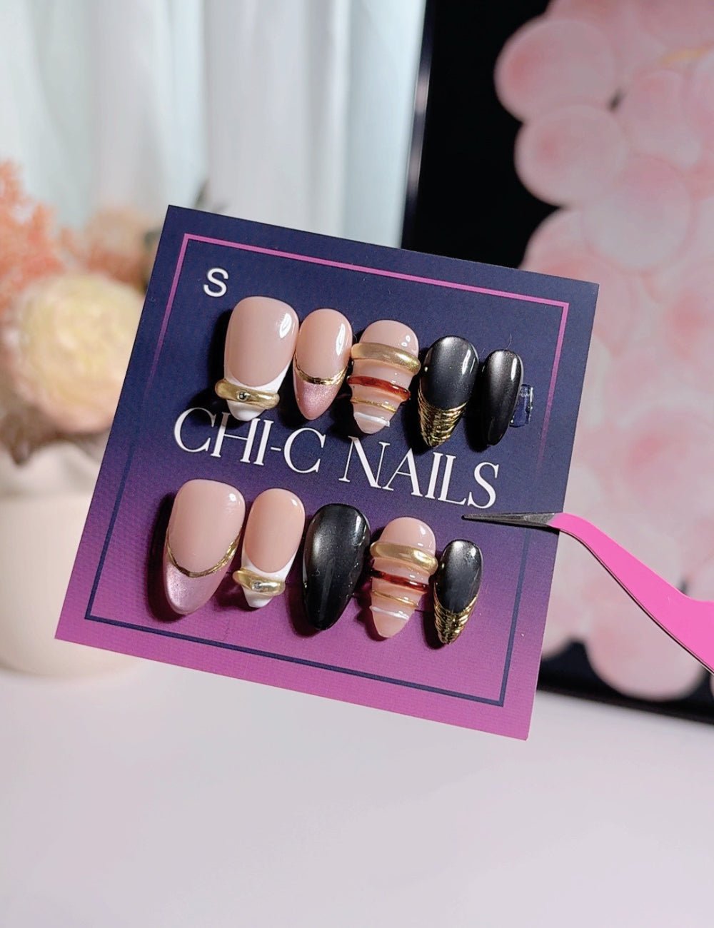 Handmade Gothic Black Nails with Gold Accents - Reusable Medium Almond Luxury Manicure