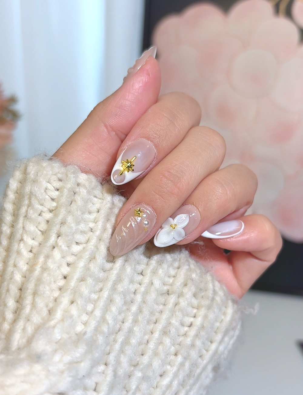 Starlight Shells – 3D Pearl White Press-On Nails | Short Almond Nail Set for Autumn